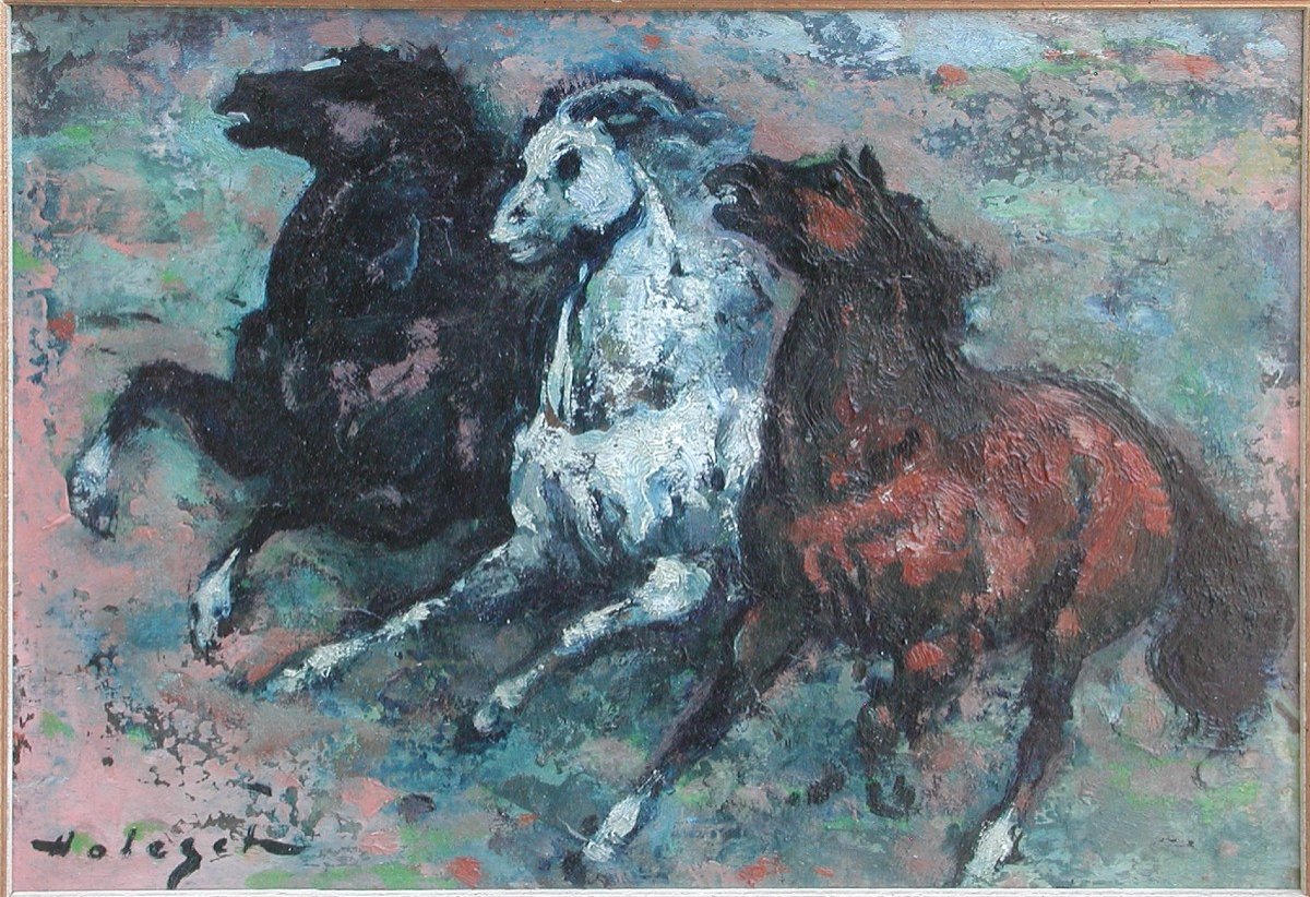 Denis Holeget "the Horses" Oil On Cardboard 22x30-photo-4